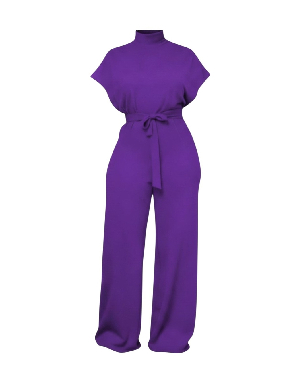 ULOVMI - Medium Purple Mock Neck Wide-Leg Jumpsuit with Waist Tie
